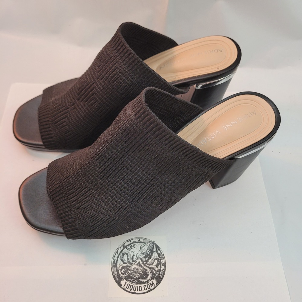 Adrienne Vittadini Mules AV-AIMIE Black Knit Block Heel Open Toe Sandals 7M